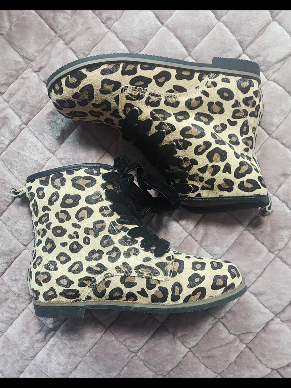Kids Leopard Print Lace-Up Boots - Black & Tan